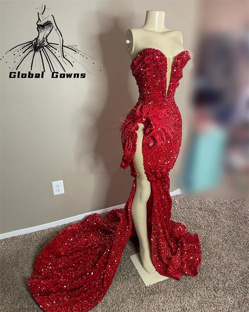

Sparkly Sequined Red Sweetheart Long Prom Dress For Black Girls 2023 Feathers Birthday Party Gowns High Slit Evening Gown Robe