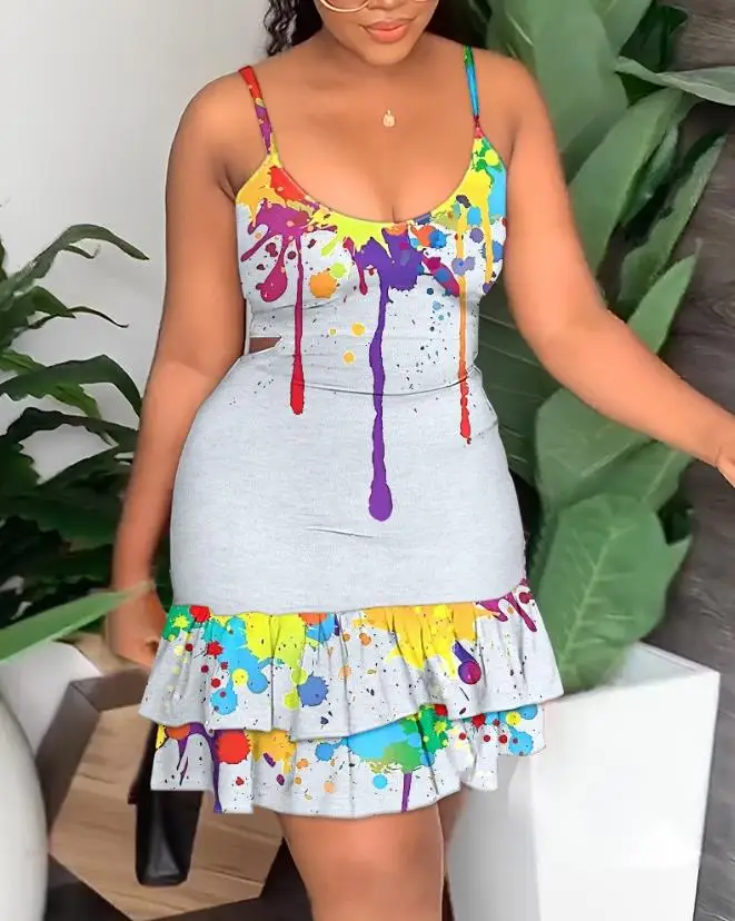 

Women's Ink Splash Print Cami Dress New Summer European American Fashion Clothes Casual Layered Ruffle Hem Cutout Skinny Dresses
