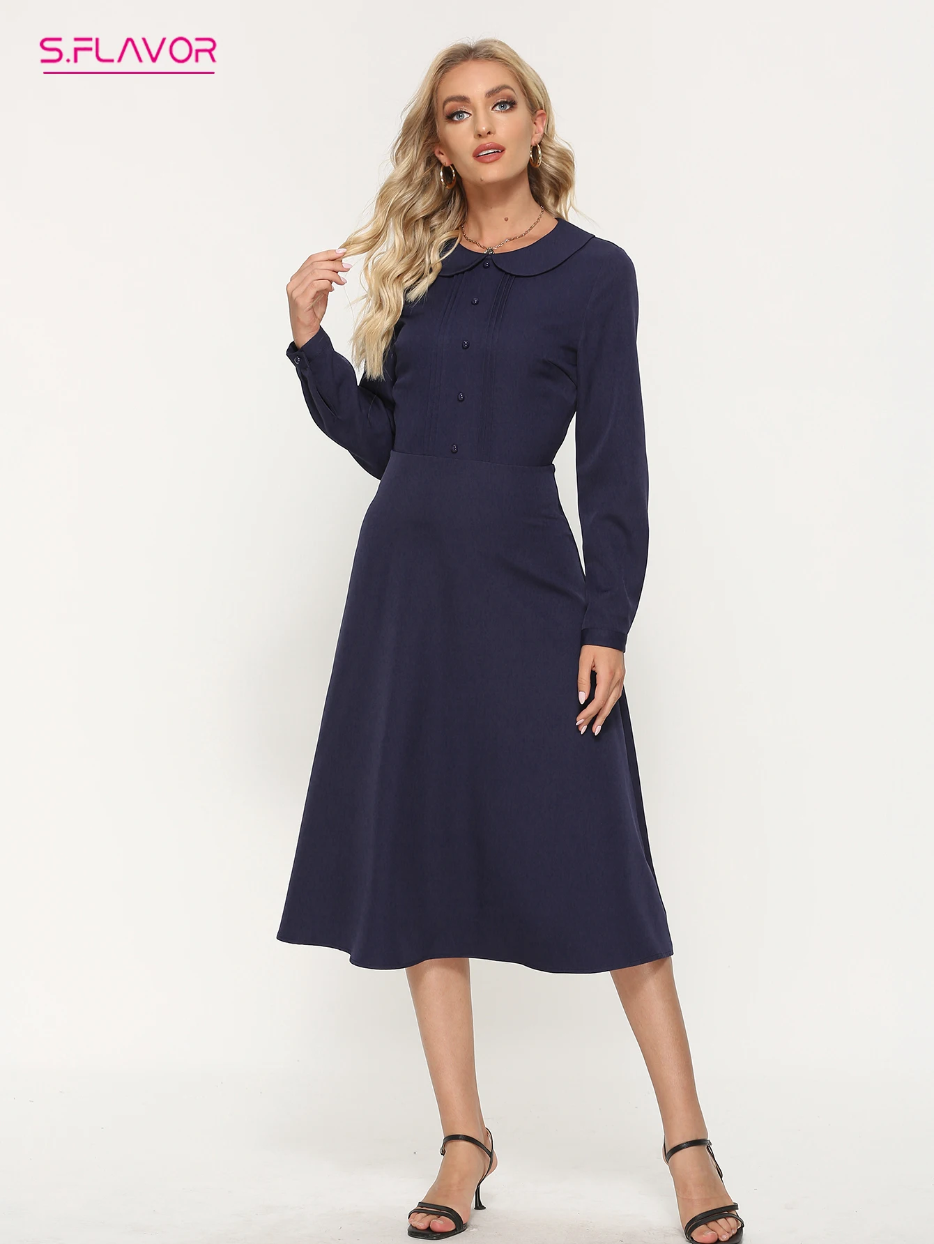 Женское платье средней длины S.FLAVOR, темно-синее Элегантное однобортное платье-трапеция с воротником Питер Пэн, плиссированные рабочие плать...
Женское платье средней длины S.FLAVOR, темно-синее Элегантное однобортное платье-трапеция с воротником Питер Пэн, плиссированные рабочие плать...