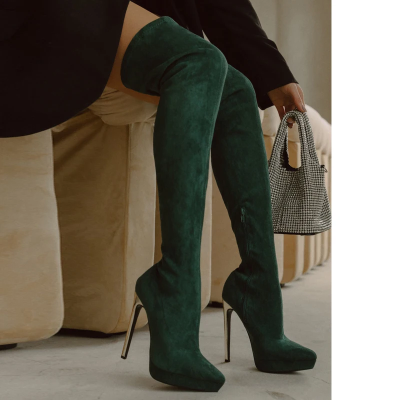 

Женские замшевые ботфорты, зеленые сапоги выше колена на платформе и высоком каблуке, с острым носком, большие размеры 34-43