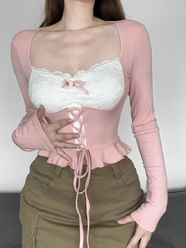 Pink Lace Crop Tops Woman Design Sweet Long Seleeve Blouse Slim Casual Vintage Y2k Clothing Korean Fashion Female 2022 Winter
Pink Lace Crop Tops Woman Design Sweet Long Seleeve Blouse Slim Casual Vintage Y2k Clothing Korean Fashion Female 2022 Winter