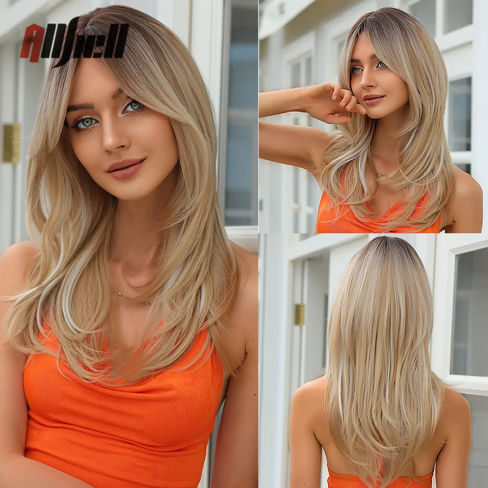 

Long Straight Synthetic Hair Wigs Brown to Ash Blonde Ombre Layered Wig with Bangs Heat Resistant Cosplay Wigs for Black Women