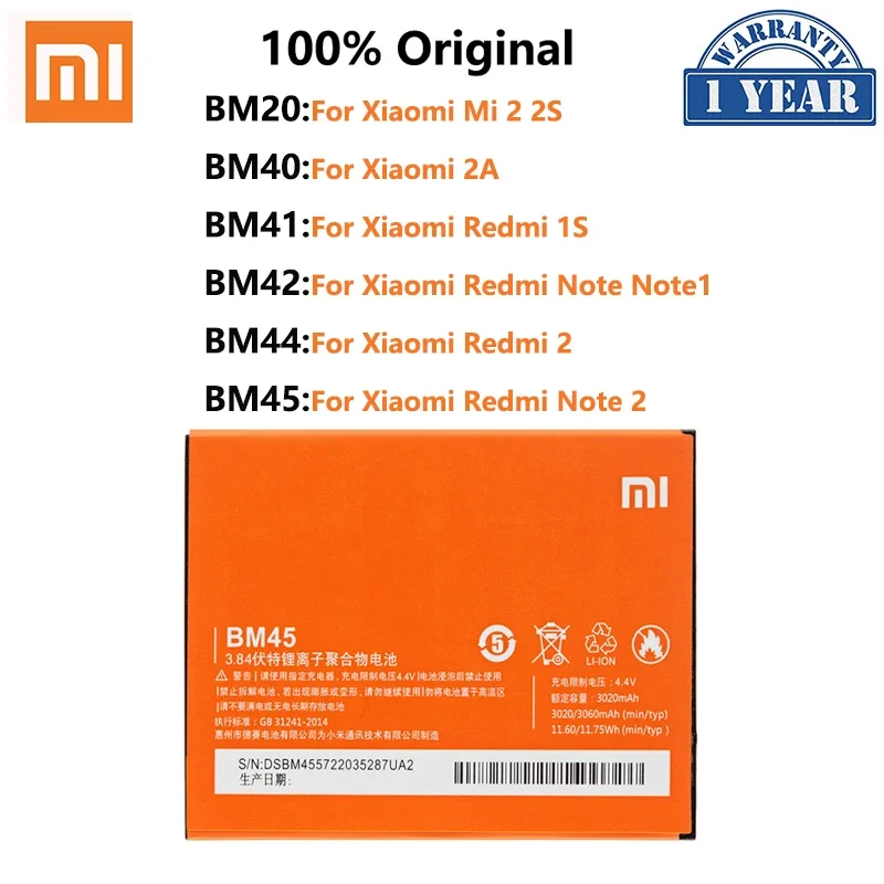 100% оригинальный сменный аккумулятор для телефона Xiaomi Redmi BM20 BM40 BM41 BM42 BM44 BM45