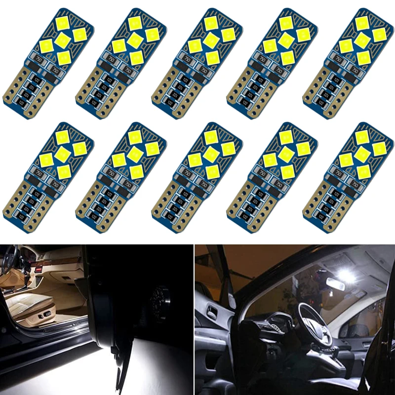 

10 PCS Car LED Bulb T10 W5W 194 Signal Light Canbus 2835 10SMD 12V 7000K White Auto Interior Dome Door Trunk License Plate Lamps