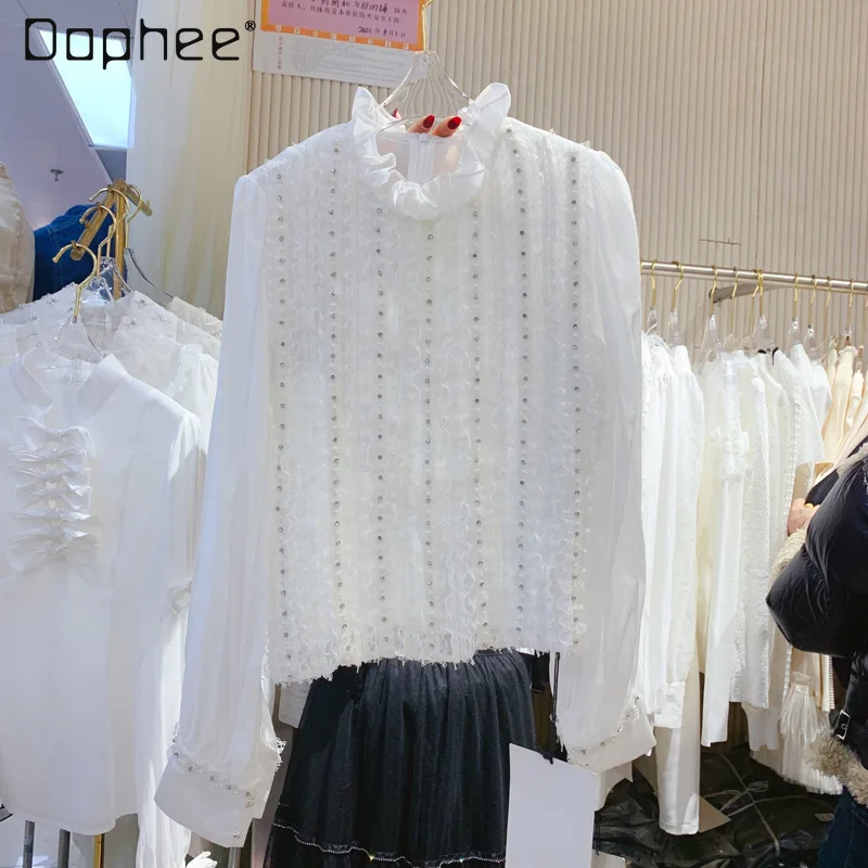 French Gentle Mesh Stand Collar Pullover Lace Stringy Selvedge Tops Woman Elegant Hot Rhinestone Puff Sleeve White Shirt Female
French Gentle Mesh Stand Collar Pullover Lace Stringy Selvedge Tops Woman Elegant Hot Rhinestone Puff Sleeve White Shirt Female
