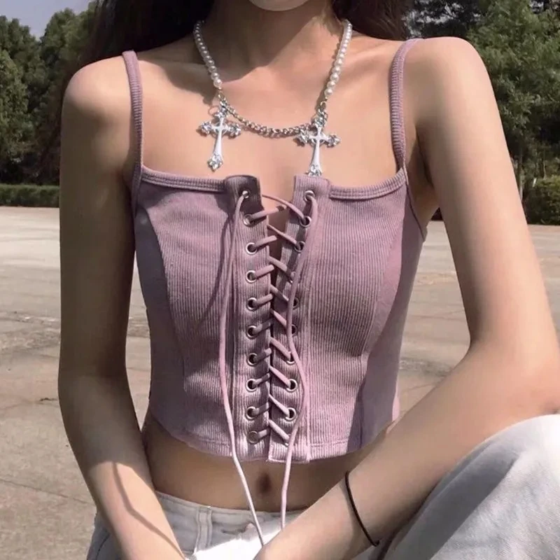 Hot Girl Sweet And Cute Knitted Camisole Outer Wear Bottoming Fashion Short Top Streetwear Y2K Women's Inner Lace Up Sleeveless 
Hot Girl Sweet And Cute Knitted Camisole Outer Wear Bottoming Fashion Short Top Streetwear Y2K Women's Inner Lace Up Sleeveless