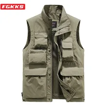 FGKKS Men Outdoor Vest Multi-Pocket Solid Color Fishing Director Reporter Work Waistcoat Photography Casual Vest Jacket Male
