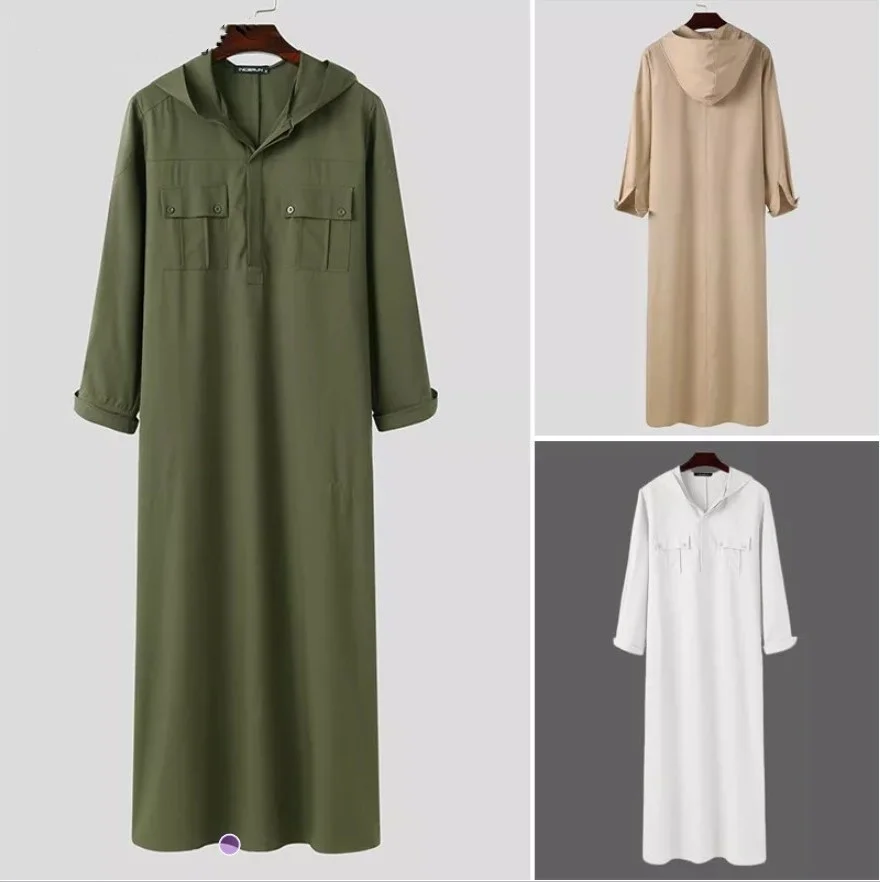 

Islam Kameez Thobe Abaya for Men Arabic Style Simple Long Men's Pocket Hooded Shirt Muslim Robe Galabia Musulamne Boubou Qamis