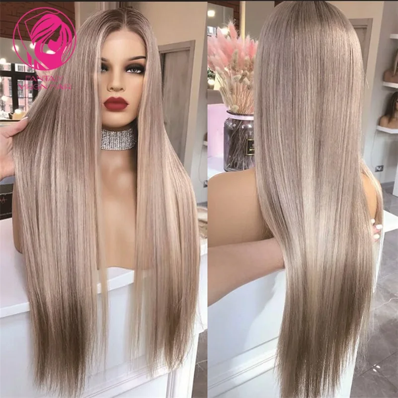 

HD Transparent Full Lace Human Hair Wigs Ashy Blonde Highlights Lace Front Wig 13x6 Pre Plucked Middle Parting Brown Roots 180%
