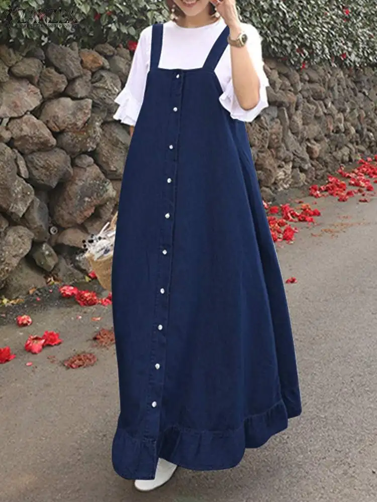ZANZEA Summer Casual Loose Ruffles Hem Maxi Vestidos Fashion Women Straps Denim Blue Long Sundress Sarafans Robe Overalls Dress
ZANZEA Summer Casual Loose Ruffles Hem Maxi Vestidos Fashion Women Straps Denim Blue Long Sundress Sarafans Robe Overalls Dress