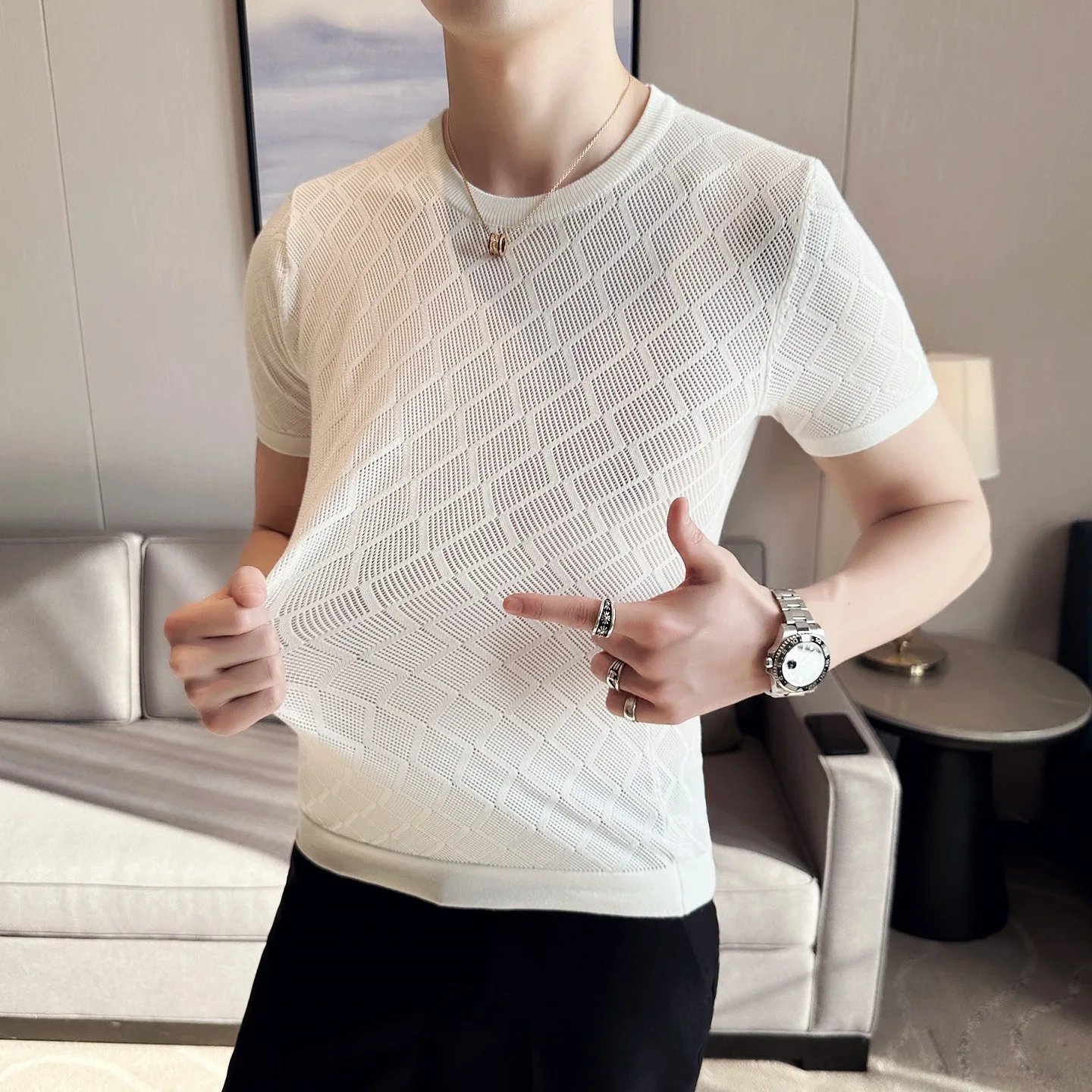 2023 Men's British Style Ice Silk Knitted T-Shirt - Cool Hollow Design, Round Neck, Slim Stretch, Breathable, Short Sleeve
2023 Men's British Style Ice Silk Knitted T-Shirt - Cool Hollow Design, Round Neck, Slim Stretch, Breathable, Short Sleeve