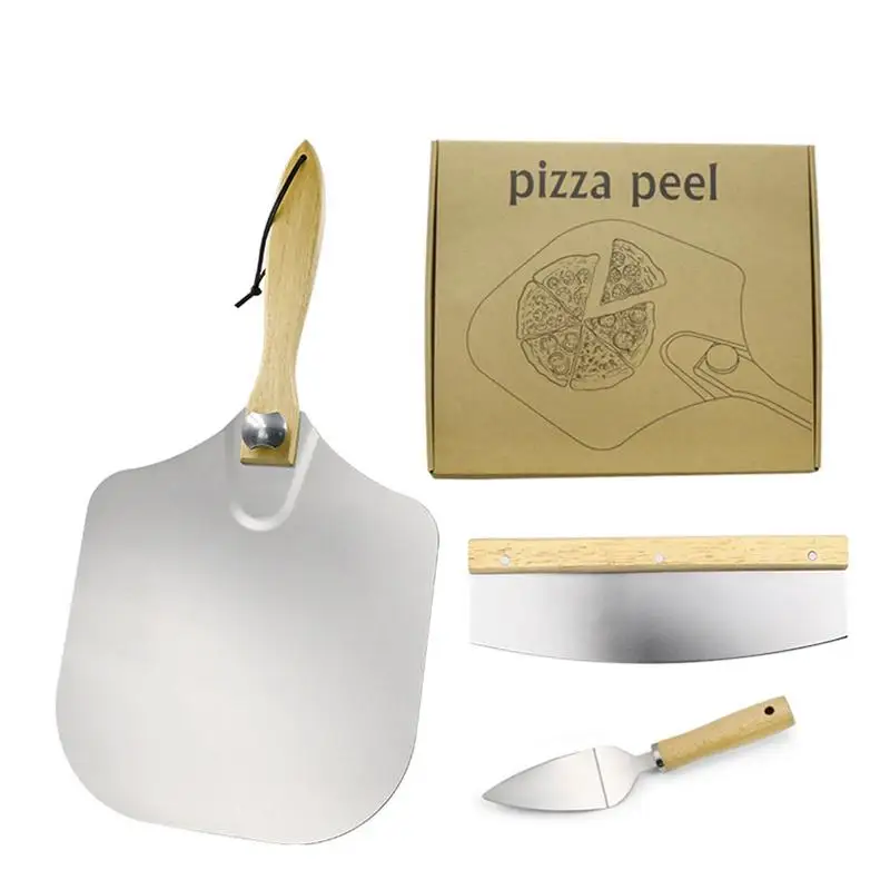 

Металлический шпатель для пиццы, 3 шт., скребок из нержавеющей стали с деревянной ручкой, шпатель для пирога, резак, нож для пирога, сервировка тортов