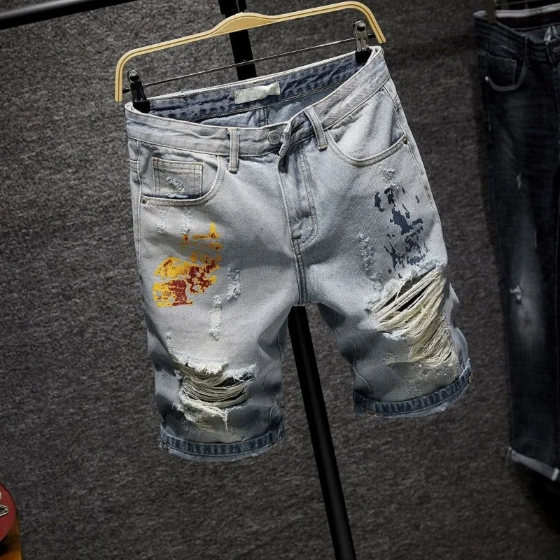 Streetwear Summer Light Blue Denim Shorts Men Hole Ripped Knee Length Straight Jeans Fashion Printing Casual Mens Short Trousers
Streetwear Summer Light Blue Denim Shorts Men Hole Ripped Knee Length Straight Jeans Fashion Printing Casual Mens Short Trousers