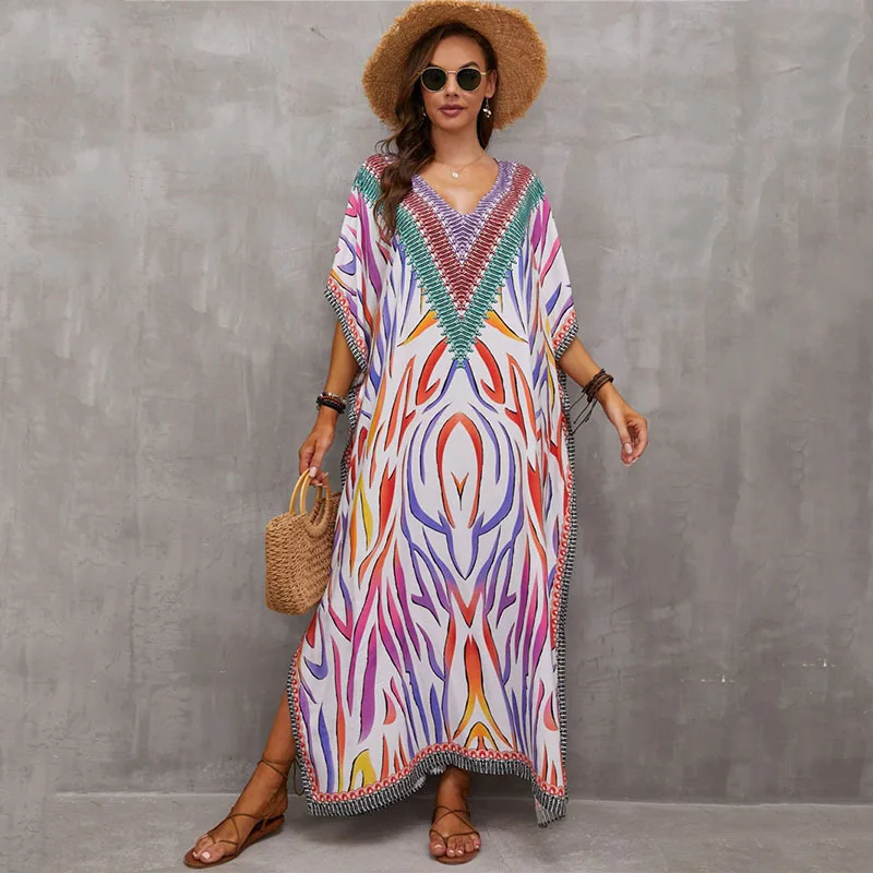 

Sundresses Cover Ups For Swimwear Women Bohemian Long Dress Beach Tunic Female Maxi Loose Cotton Print Flower V Neck Smock Cape