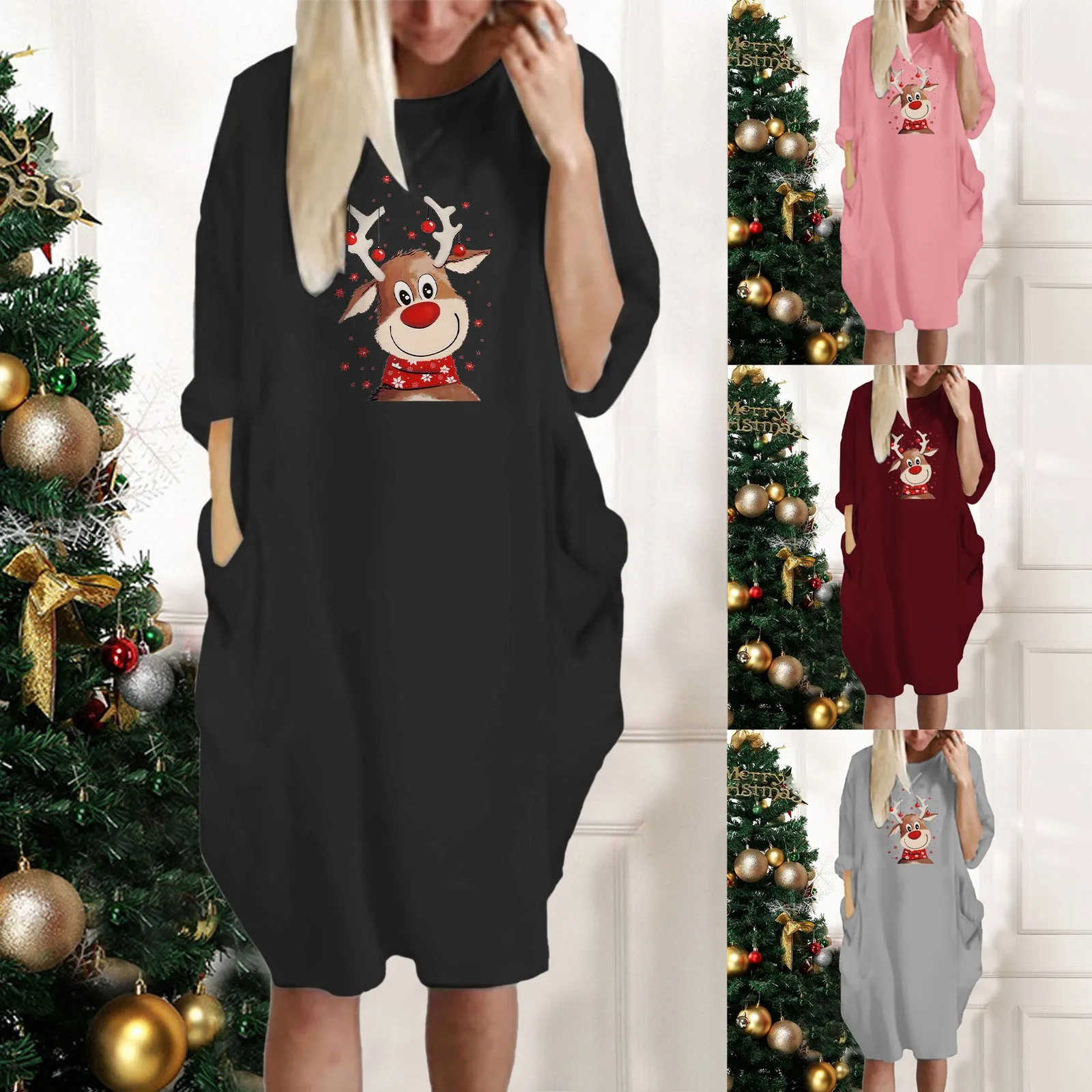 

Рождественское женское свободное платье с длинным рукавом и графическим принтом для вечерние, мягкое эластичное платье с карманами, платья...