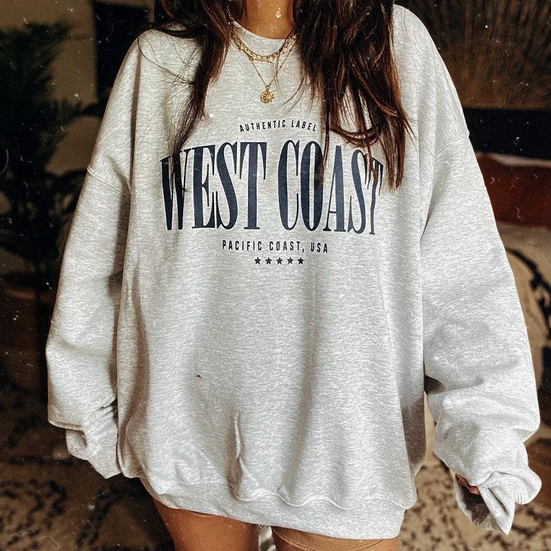 2022 Sping American Fashion West Coast Letters Printing Women Sweatshirts Gray Loose Thick Pullover Crewneck Casual Jumper
2022 Sping American Fashion West Coast Letters Printing Women Sweatshirts Gray Loose Thick Pullover Crewneck Casual Jumper