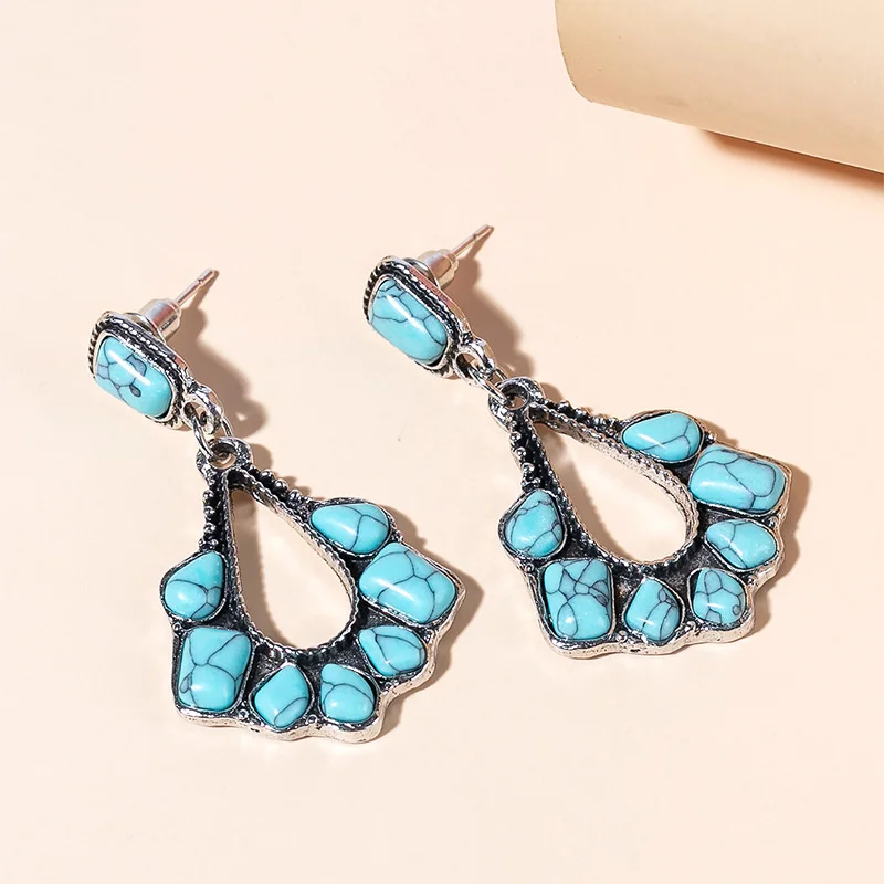 

Ancient Silver Turquoise Earrings popular exaggerated women's geometry Bohemian national style earrings women