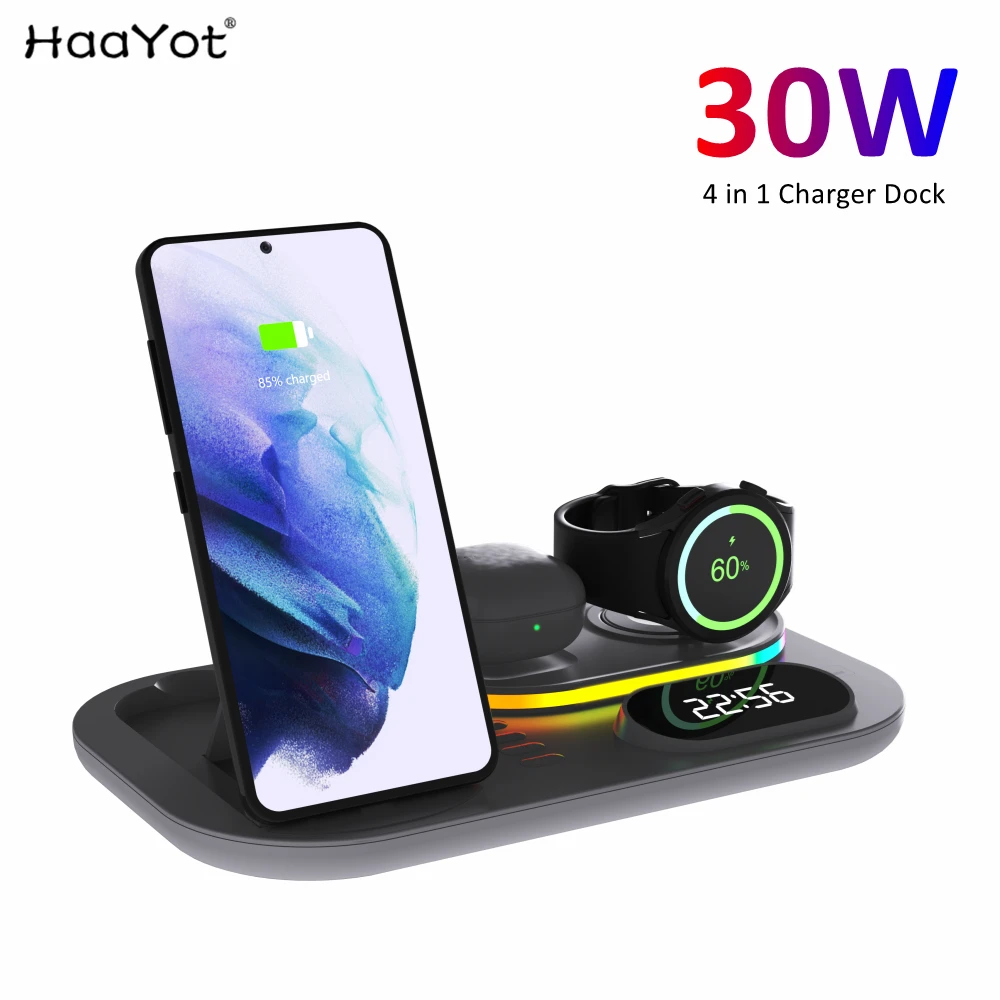 Беспроводная зарядная док-станция 4 в 1, 30 Вт, RGB, совместима с iPhone 12 13 14 Samsung S22 S21 Galaxy Watch 5 4 buds
Беспроводная зарядная док-станция 4 в 1, 30 Вт, RGB, совместима с iPhone 12 13 14 Samsung S22 S21 Galaxy Watch 5 4 buds