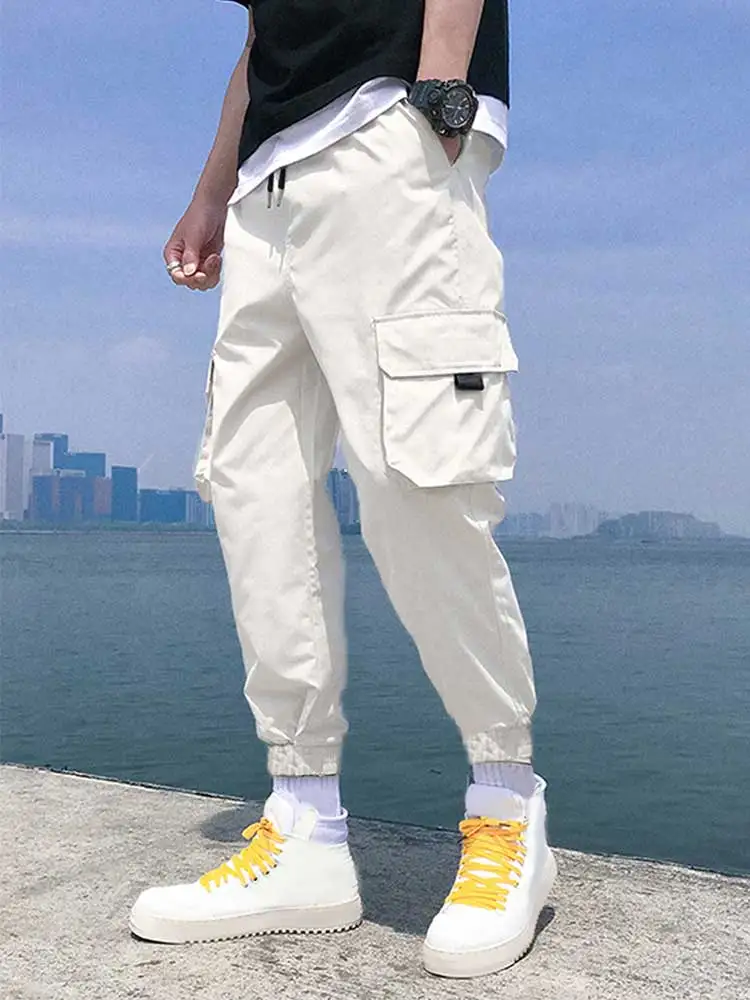 

ZAFUL Men's Cargo Pants Solid Drawstring Techwear Jogger Pants with Pockets Casual Beam Feet Streetwear Elastic Tooling Trousers
