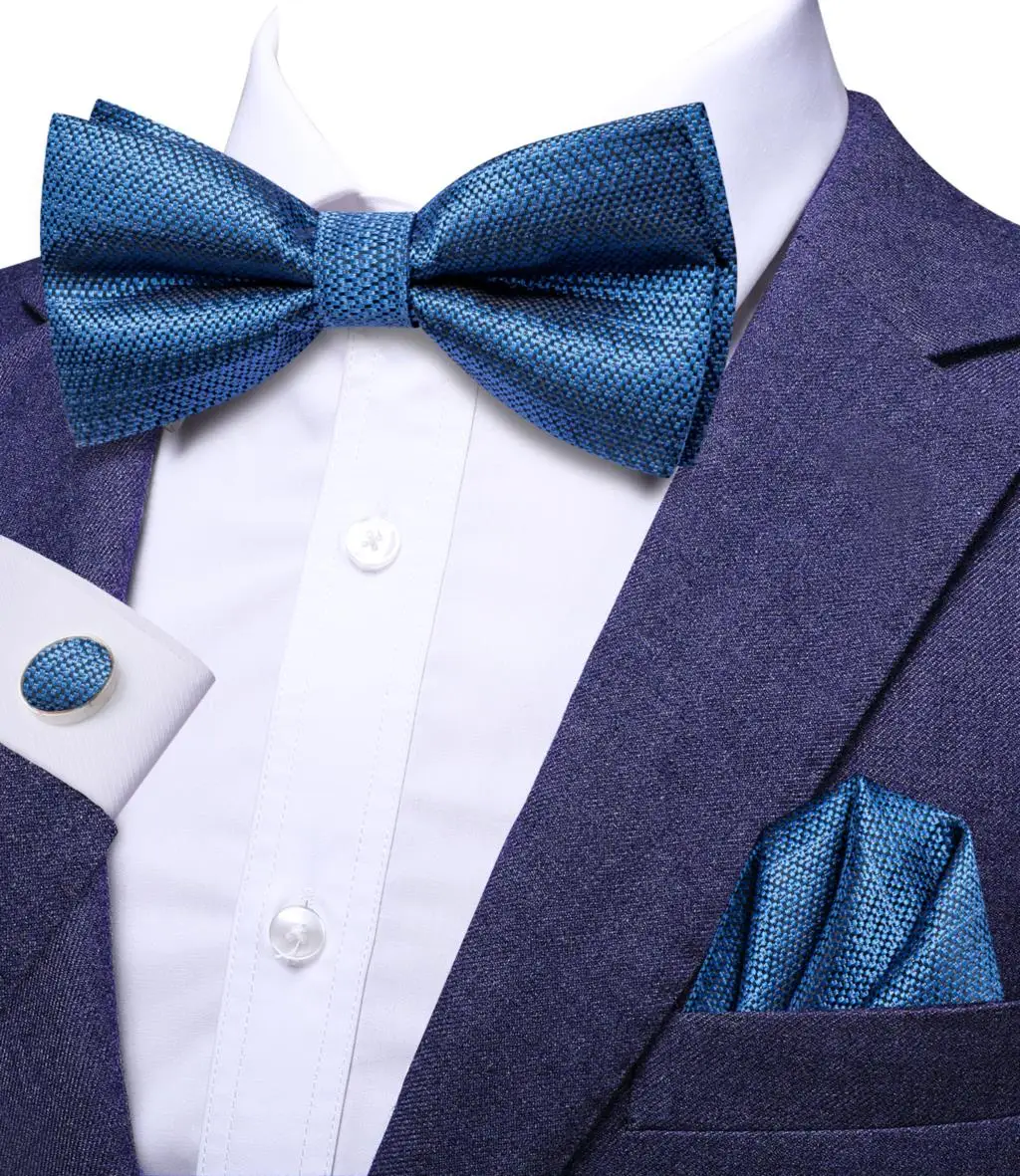 

Hi-Tie Solid Steel Blue Butterfly Silk Mens Bow Tie Hanky Cufflink Set Jacquard Pre Tied Bowtie for Male Business Wedding Party