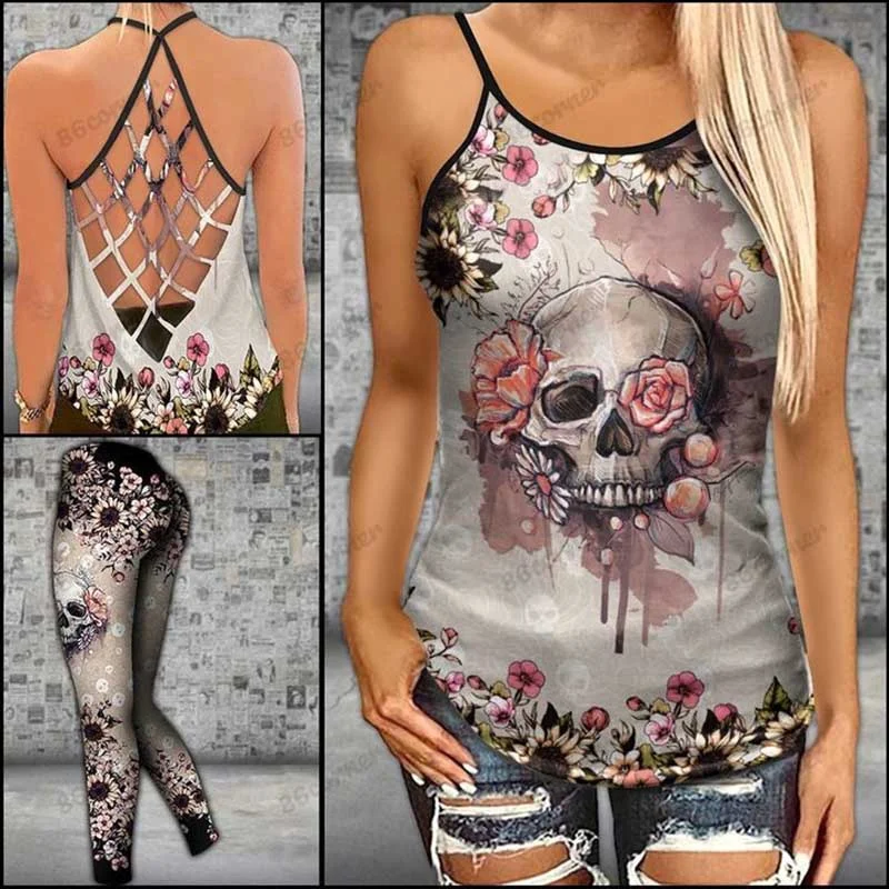 Women's Print Skull Flower Criss-cross Tanktop and Legging Set Tank Tops Gothic Skull High Waist Leggings for Ladies Yoga Suit
Women's Print Skull Flower Criss-cross Tanktop and Legging Set Tank Tops Gothic Skull High Waist Leggings for Ladies Yoga Suit