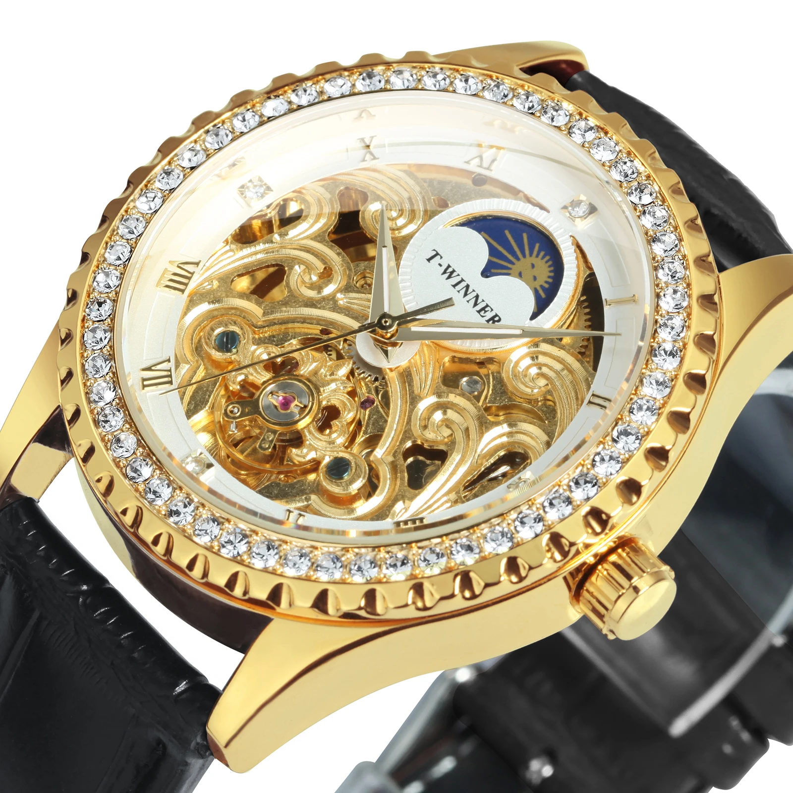 WINNER Tourbillon Automatic Mens Watch Luxury Moon Phase Skeleton Mechanical Watches Fashion Diamond Luminous Clock Leather Belt
WINNER Tourbillon Automatic Mens Watch Luxury Moon Phase Skeleton Mechanical Watches Fashion Diamond Luminous Clock Leather Belt