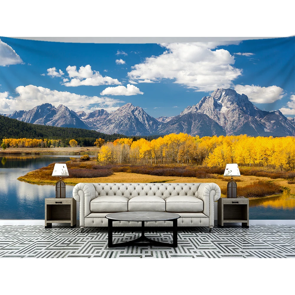 

Mountain Rolling Lake Scenery Art Tapestry Golden Forest Wall Hanging Hippie Cloth Backdrop Beach Mat Dorm Home Decor