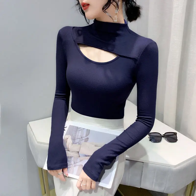 Женская ажурная облегающая футболка с полувысоким воротником, весна-осень 2023, базовые футболки с длинным рукавом, женский сексуальный пуло...