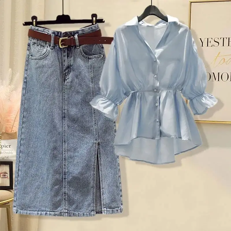 Two Piece Set Stripe Shirt and High Waist Slit Denim Skirts Women Casual Suits Female Skirt Sets 2 Piece Set Womens Outfits Q67
Two Piece Set Stripe Shirt and High Waist Slit Denim Skirts Women Casual Suits Female Skirt Sets 2 Piece Set Womens Outfits Q67