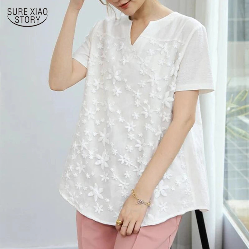 Casual Solid V-neck Pleasure T-shirt Summer Elegant Embroidered Short Sleeve Lace Shirt Fashion Loose White Blouse Tops 20449
Casual Solid V-neck Pleasure T-shirt Summer Elegant Embroidered Short Sleeve Lace Shirt Fashion Loose White Blouse Tops 20449