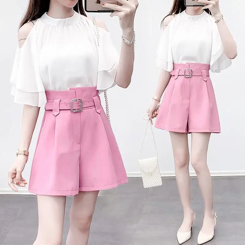 Women 2022 Summer Fashion Suits Female Off-shoulder Chiffon Shirt Tops + High Waist Loose Shorts Ladies Two-piece Sets Y92 
Women 2022 Summer Fashion Suits Female Off-shoulder Chiffon Shirt Tops + High Waist Loose Shorts Ladies Two-piece Sets Y92