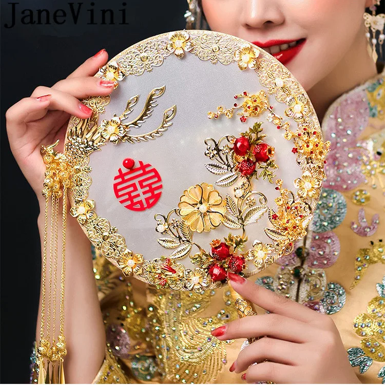 

Роскошный жемчуг Золотой Феникс свадебные фанаты цветочный свадебный букет Традиционный китайский стиль круглый фанат Hanfu свадебный букет