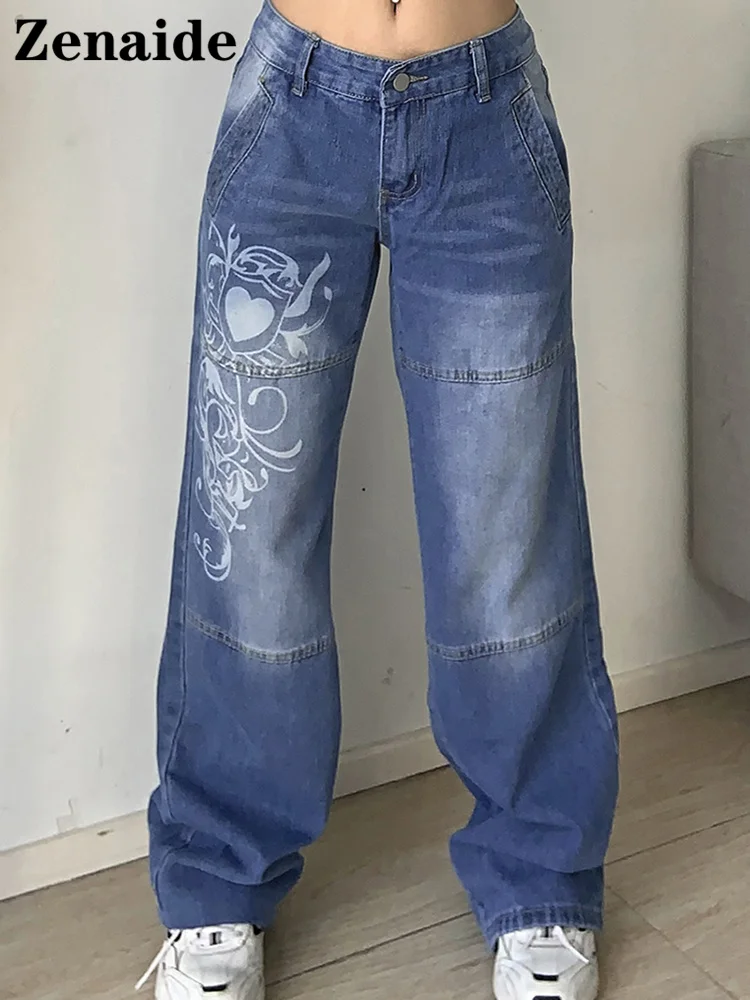 Женские свободные джинсы Zenaide Y2K готические брюки с низкой посадкой винтажные