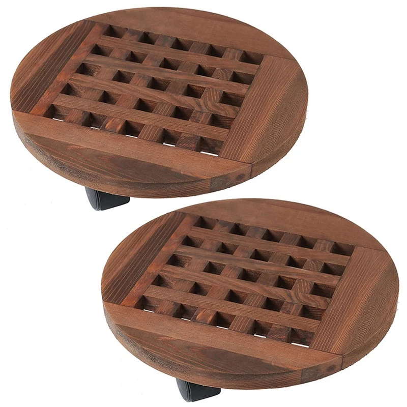 

2X 25Cm Wood Flower Pot Removable Tray Plant Holder Stand Base With Wheels Planter Flowers Pot Mover Trolley Plate