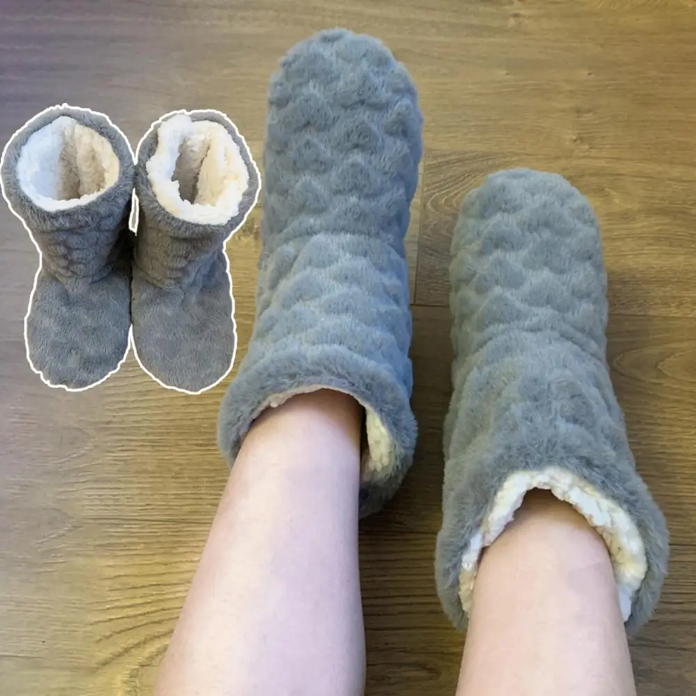 

Home Slippers Non-slip Jacquard Technology Furry Calf Length Thickening Keep Warm Adult Mid-Tube Winter Plush Slippers