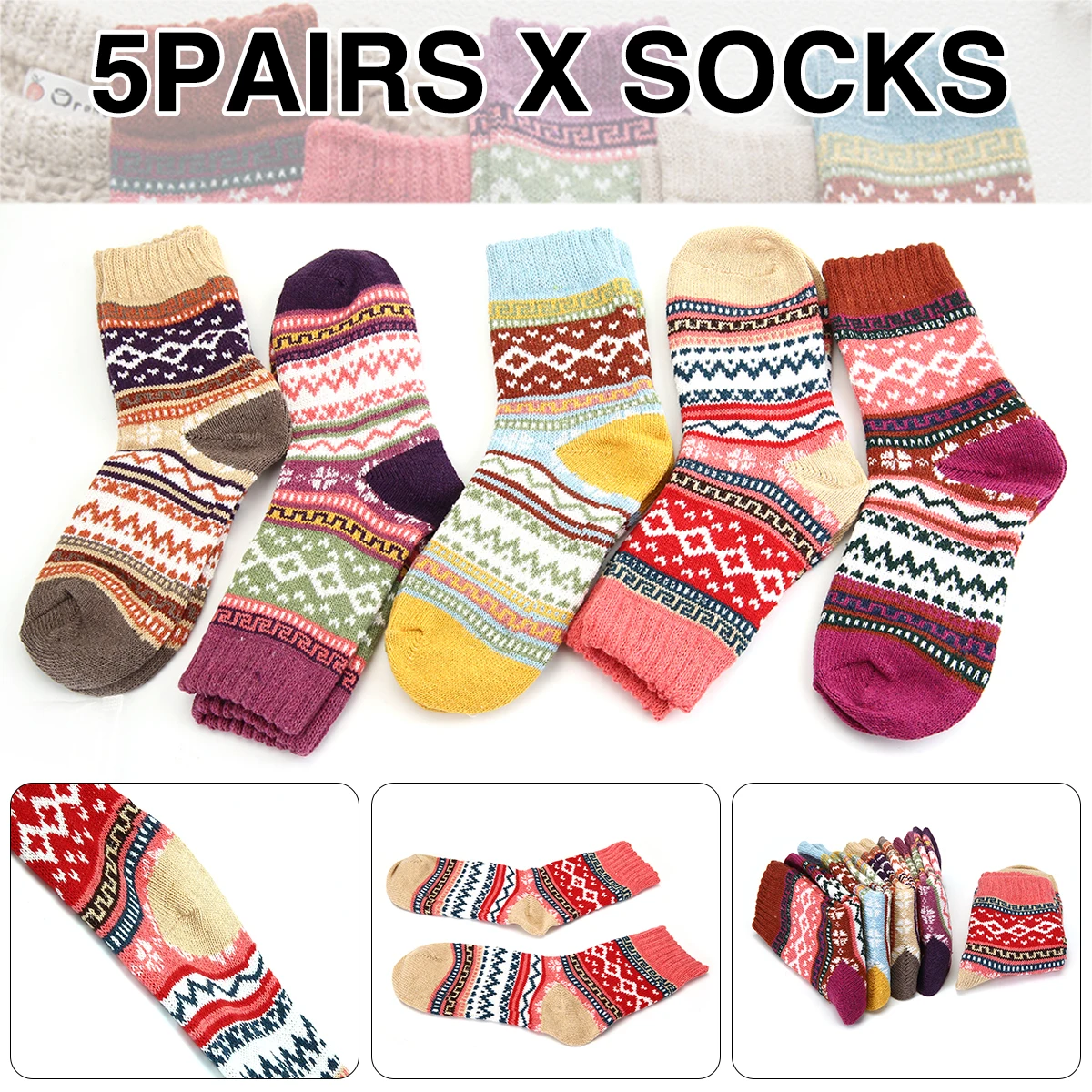 5 Pairs Women Winter Thick Socks 5 Colors/pack Thermal Prints Sock Female Wool Warmer Knitting Vintage Style Hosiery Clothing
5 Pairs Women Winter Thick Socks 5 Colors/pack Thermal Prints Sock Female Wool Warmer Knitting Vintage Style Hosiery Clothing