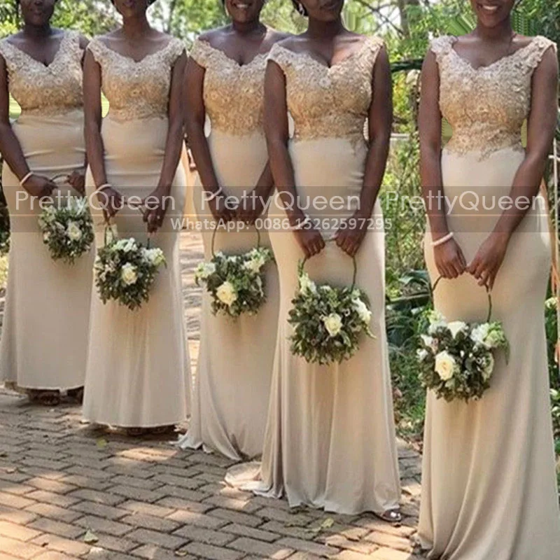 

Champagne Appliques Off Shoulder Bridesmaid Dresses Mermaid Long African Women Sheath Bridal Party Dress Maid Of Honor