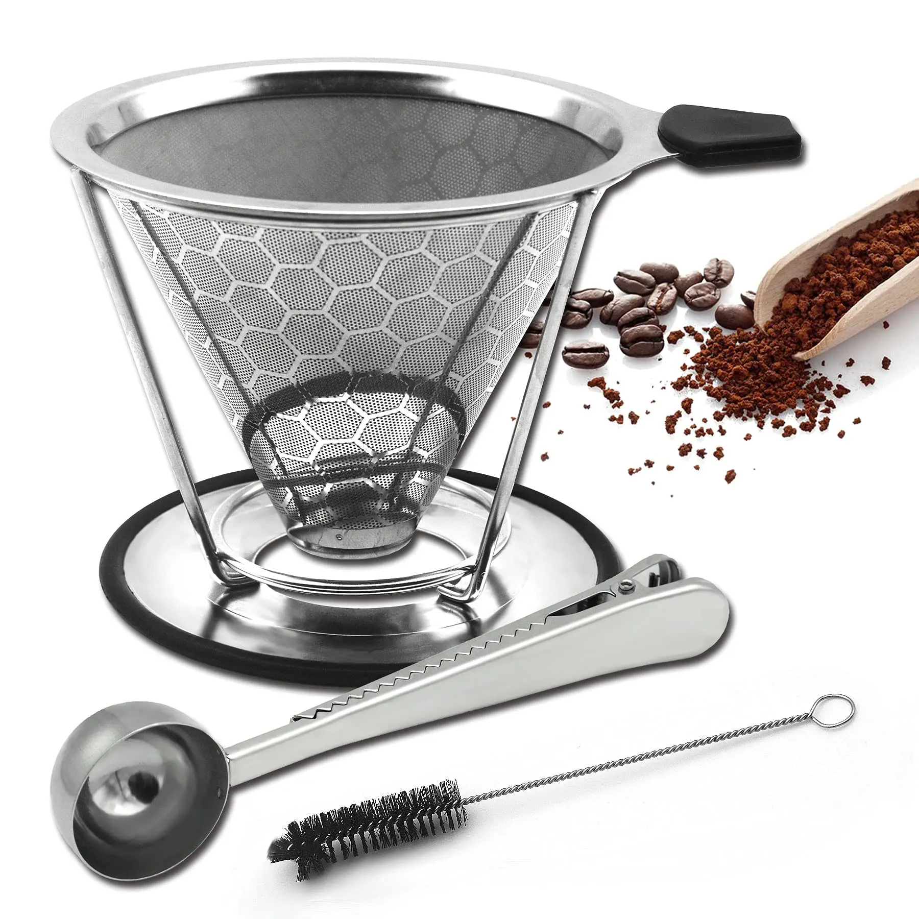 Reusable Coffee Filter Stainless Steel Coffee Dripper Cone Coffee Strainer with Removable Cup Stand Cleaning Brush Coffee Scoop
Reusable Coffee Filter Stainless Steel Coffee Dripper Cone Coffee Strainer with Removable Cup Stand Cleaning Brush Coffee Scoop