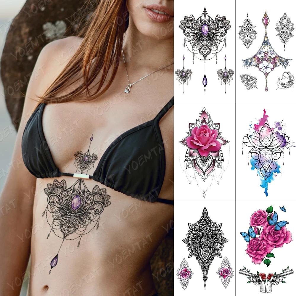 Sexy Waterproof Temporary Tattoo Stickers Jewel Henna Lotus Rose Gun Rose Glitter Body Art Fake Tattoos Men Women Chest Tatto
Sexy Waterproof Temporary Tattoo Stickers Jewel Henna Lotus Rose Gun Rose Glitter Body Art Fake Tattoos Men Women Chest Tatto