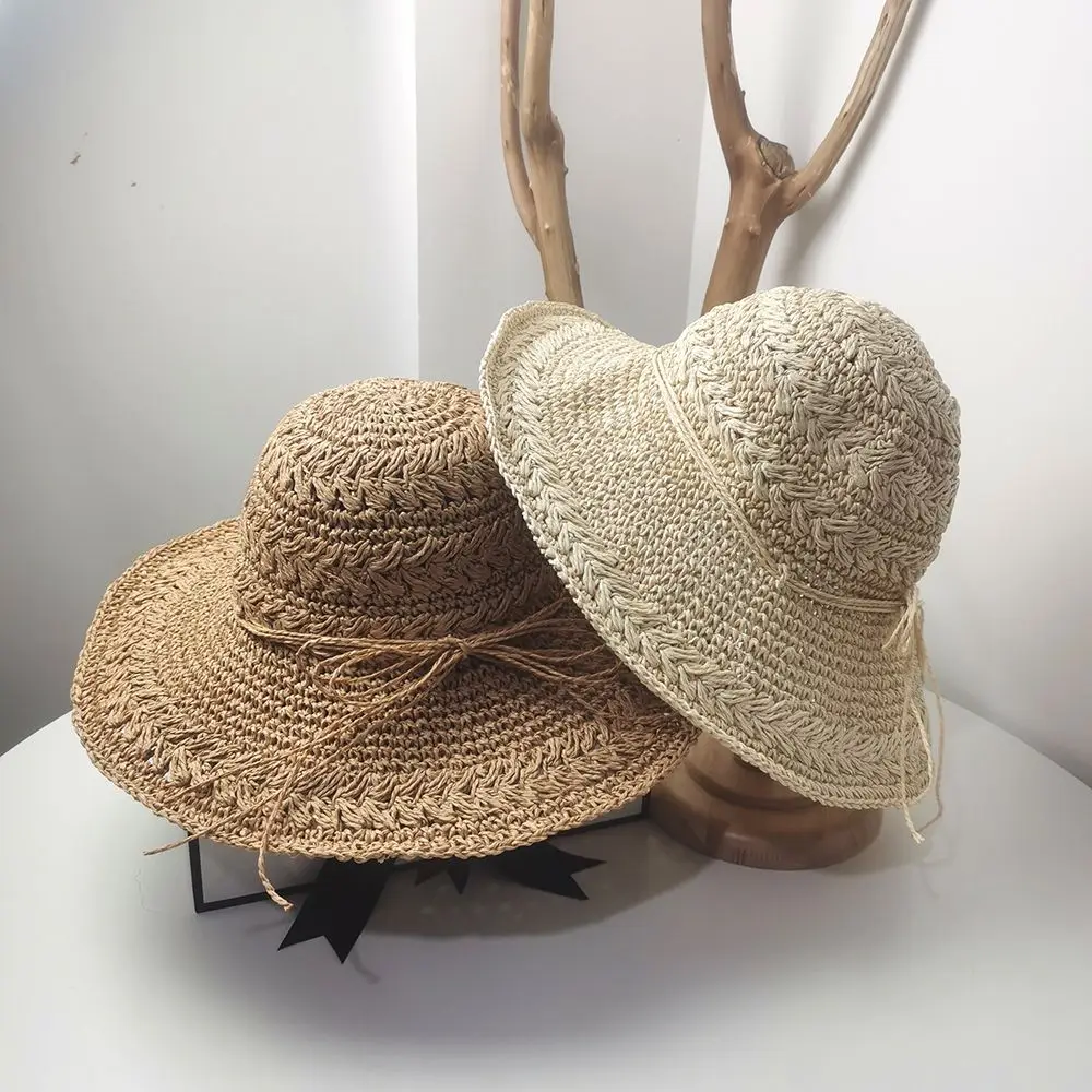 

Women Ladies Straw Beach Hat Foldable Vacation Sunscreen Hats Floppy Derby Hat Hand-woven Bucket Fisherman Cap