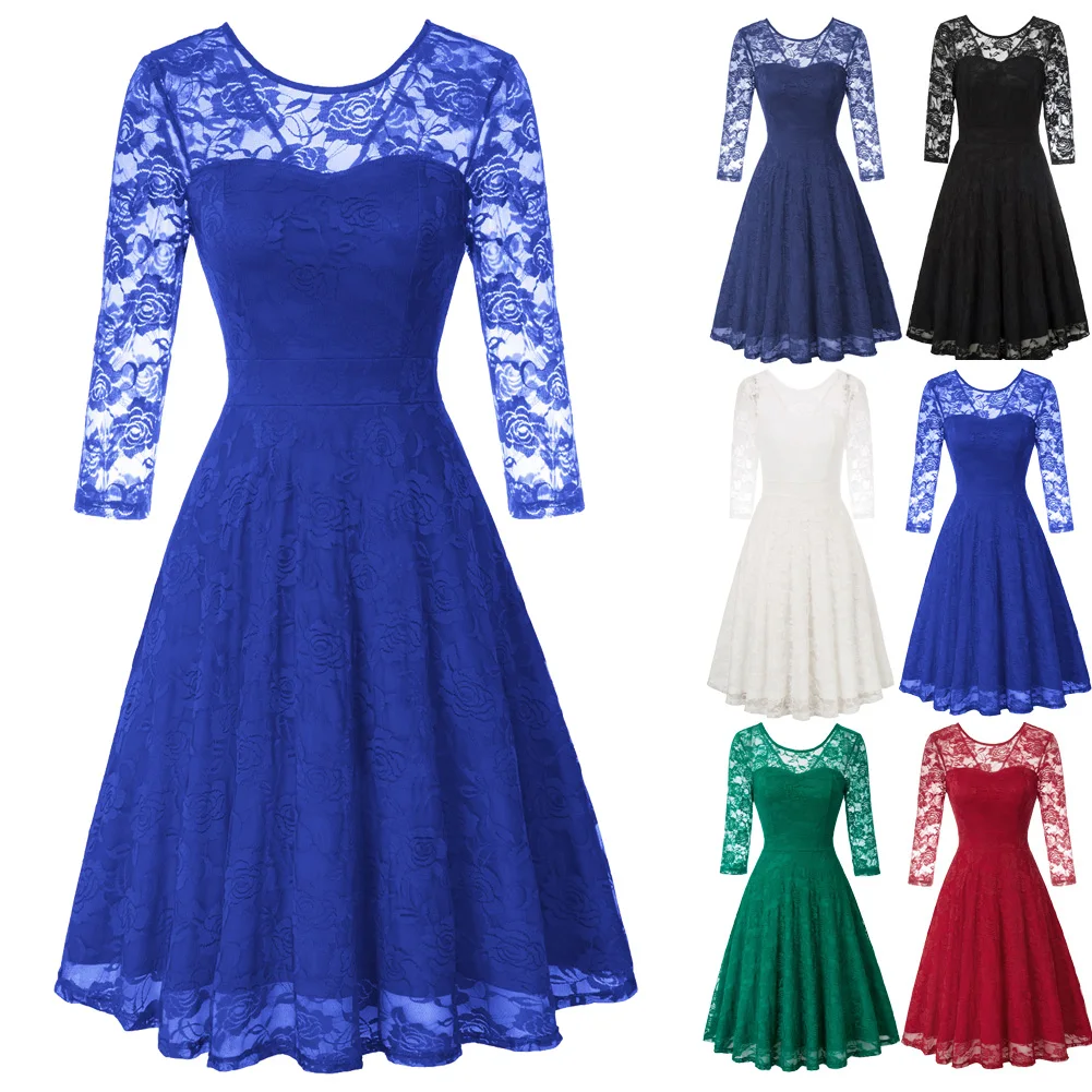 Women's Floral Lace Dress Sexy 3/4 Sleeve Crew Neck V-Back Flared A-Line Silhouette Elastic Evening Party Dress
Women's Floral Lace Dress Sexy 3/4 Sleeve Crew Neck V-Back Flared A-Line Silhouette Elastic Evening Party Dress