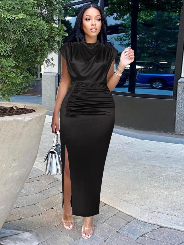 Women Shiny Long Dress Pleated Long Green Elegant Slit High Collar Slim Fit Sleeveless Maxi Robes Female Gowns Party 2022 Spring
Women Shiny Long Dress Pleated Long Green Elegant Slit High Collar Slim Fit Sleeveless Maxi Robes Female Gowns Party 2022 Spring