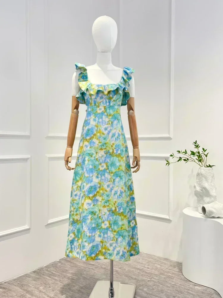 

2023 Top Quality New Spring Summer Beach Style Backless Frill Ruffle Sky Blue Floral Printing Midi Dress for Women