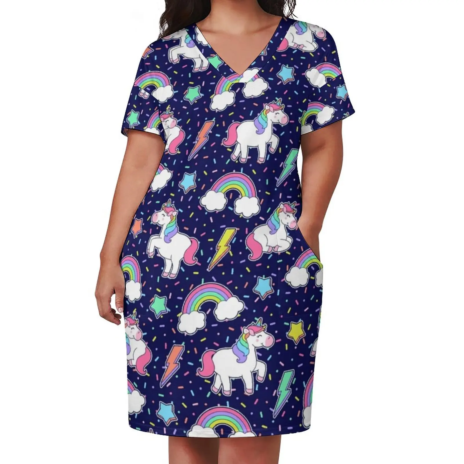 Cute Unicorn Dress V Neck Rainbow Star Stylish Dresses Women Korean Fashion Graphic Casual Dress With Pockets Big Size 3XL 4XL
Cute Unicorn Dress V Neck Rainbow Star Stylish Dresses Women Korean Fashion Graphic Casual Dress With Pockets Big Size 3XL 4XL