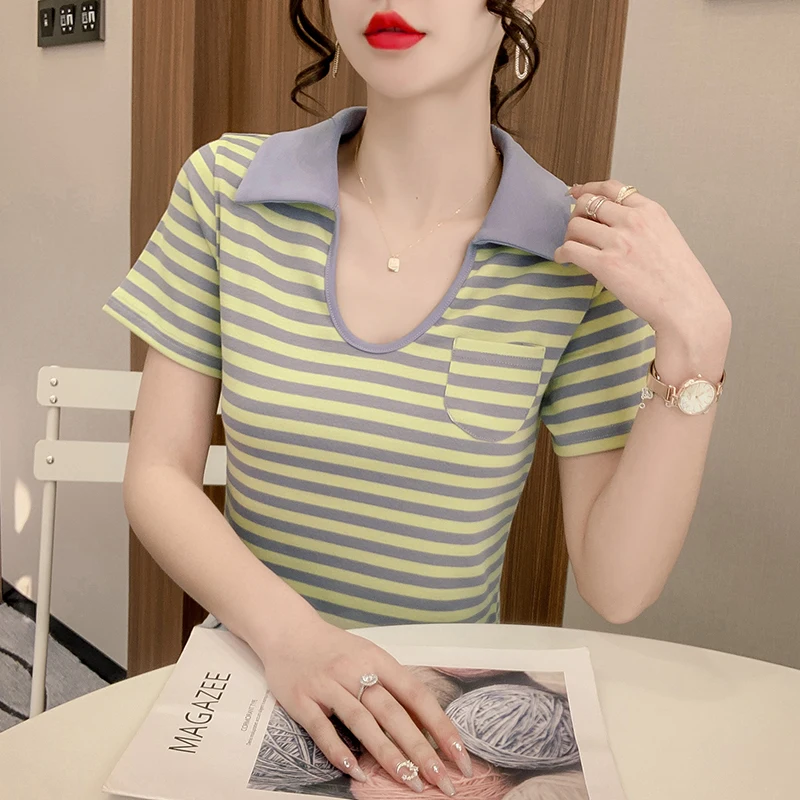 Cotton Women's T-shirt Summer Slim Fit Top Short Sleeve Korean Style Stripe Skinny Tees Fashion High Street Female Clothes
Cotton Women's T-shirt Summer Slim Fit Top Short Sleeve Korean Style Stripe Skinny Tees Fashion High Street Female Clothes