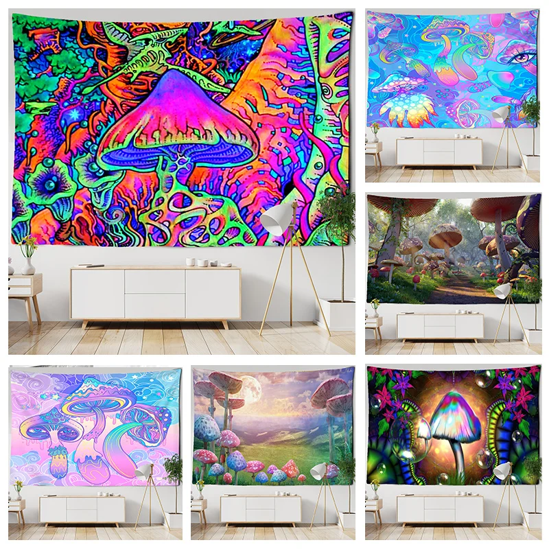 

Cartoon Art Psychedelic Mushroom Tapestry Wall Hanging Witchcraft Forest Tapiz Hippie Mystery Background Cloth Home Decor