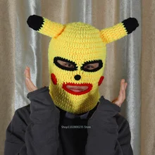 Anime Pokemon Knitted hat Pikachu Funny Hood Hat Hand Knitted Wool Hat Mask Cute Yellow Cosplay Cap Boys Girls Halloween Gift