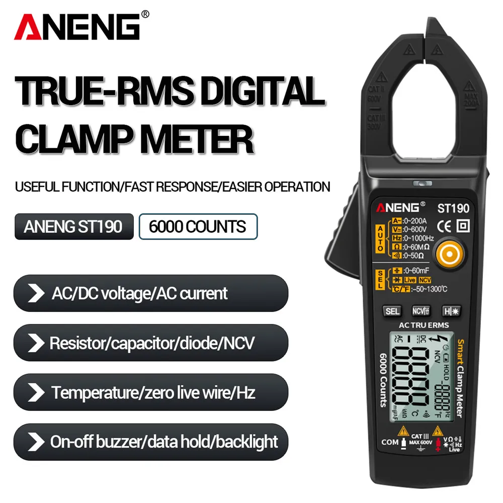 ANENG ST190 Clamp Meter 6000 Counts True RMS Digital Professional Multimeter AC Current Clamp Tester Meters Voltmeter Auto Range
ANENG ST190 Clamp Meter 6000 Counts True RMS Digital Professional Multimeter AC Current Clamp Tester Meters Voltmeter Auto Range