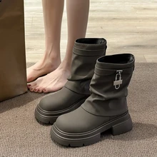 Rock Shoes Woman Rubber Boots Round Toe Clogs Platform Boots-Women Rain Med Ankle Autumn 2023 Lolita Ladies Fabric Hoof Heels S