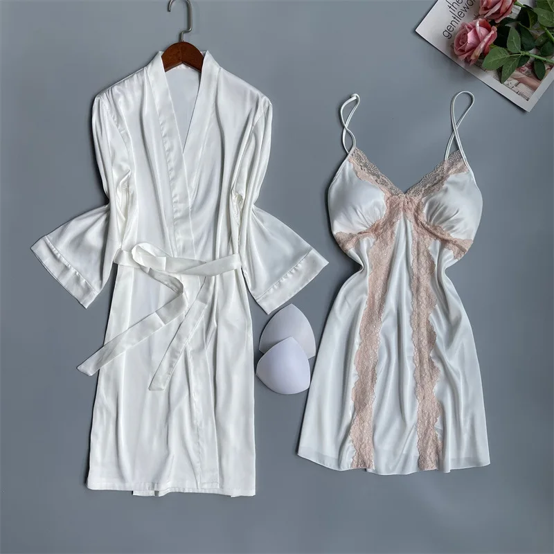 

Новинка, Женский комплект из двух предметов, Сексуальная кружевная ночная рубашка на бретелях с открытой спиной, одежда для сна, свободное атласное кимоно, халат, шелковое домашнее платье